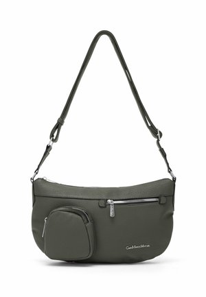 Borsa a tracolla verde in pelle con forma arrotondata, tracolla regolabile, tasca zip frontale e una piccola borsa staccabile sul lato.
