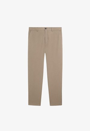 Beige bavlněné kalhoty s úzkým střihem, mají přední zapínání na knoflík, boční kapsy a rovné nohavice, jejichž povrch je hladký.