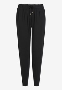 Black jogger pants made of soft fabric, featuring an elastic waistband with a drawstring, two side pockets, and tapered leg design.