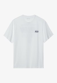 White short-sleeve cotton t-shirt featuring a small graphic print with the word "RUN" and additional text in dark blue, round neckline.