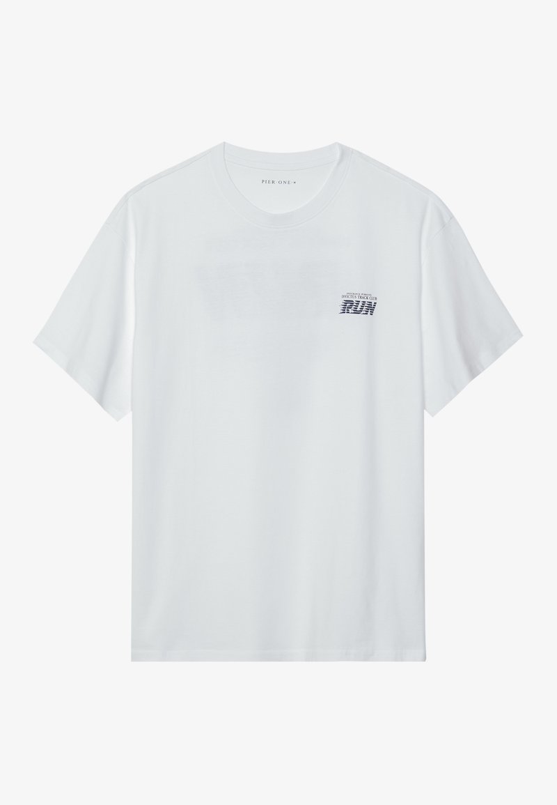 Bela bomba kratkih rukavov iz bombaža z majhnim grafičnim tiskom z besedo "RUN" in dodatnim besedilom v temno modri barvi, okrogli izrez.