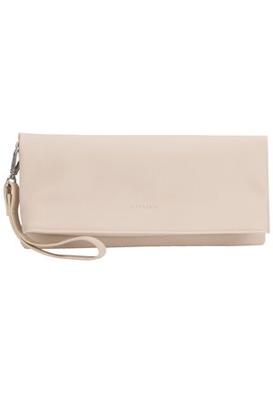 Pochette rectangulaire beige avec rabat pliable et bracelet détachable, texture lisse, design minimaliste.