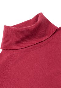 Roter Rollkragenpullover mit geripptem Textur, ausgestattet mit einem hohen, gefalteten Kragen und nahtlosen Schulterelementen. Weicher, dehnbarer Stoff.