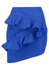 Gonna blu realizzata in tessuto morbido con volants sovrapposti sul davanti. Il design è asimmetrico con una silhouette aderente.