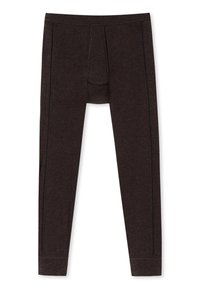 Dunkelbraune Leggings aus weichem Stoff, mit einer vorderen Tasche, seitlichen Nähten mit kontrastierendem dunkelblauem Stich und eng anliegenden Bündchen.