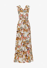 Ärmelloses Maxikleid mit tiefem V-Ausschnitt, elastischem Taillenbund und blumigem Muster in Orange, Weiß, Grau und Braun auf pinkem Hintergrund.