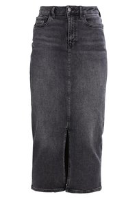 Falda vaquera gris de tiro alto hasta la rodilla que presenta una abertura frontal, diseño clásico de cinco bolsillos y cierre con cremallera. Textura suave.