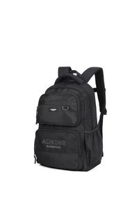 Zaino in nylon nero con multiple tasche con cerniera, spallacci imbottiti e una maniglia ad anello per una facile portabilità.