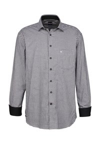 Camicia a maniche lunghe a scacchi bianco e nero con chiusura a bottoni, polsini neri a contrasto e taschino sul lato sinistro del petto.