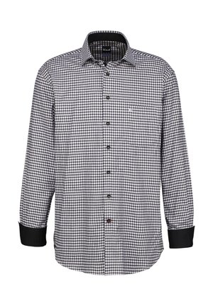 Schwarz-weißer karierter Langarmshirt mit Knopfverschluss, kontrastierenden schwarzen Manschetten und einer Tasche auf der linken Brust.
