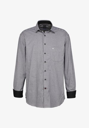 Camicia a maniche lunghe a scacchi bianco e nero con chiusura a bottoni, polsini neri a contrasto e taschino sul lato sinistro del petto.