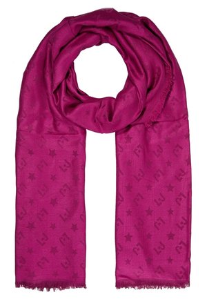 Bright magenta scarf with subtle star and letter pattern, soft texture, and fringed edges, folded in a loop.