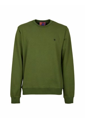 Grüner Baumwoll-Sweatshirt mit Rundhalsausschnitt, gerippten Bündchen und Saum, einem kleinen schwarzen Logo auf der Brust und einer schlichten strukturierten Oberfläche.