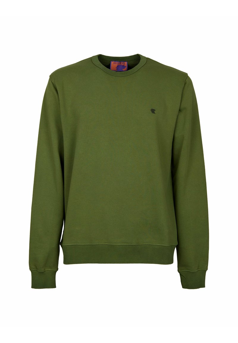 Sweatshirt verde in cotone con collo a giro e polsini e orlo a coste, caratterizzato da un piccolo logo nero sul petto e una superficie texturizzata uniforme.