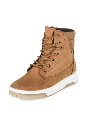 Tan high-top casual boot with padded ankle, contrast white sole, and yellow-brown striped laces on a plain white background.