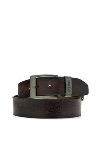 Brązowy skórzany pasek o strukturalnym wykończeniu z prostokątną metalową klamrą w ciemnoszarym kolorze. Posiada wiele otworów umożliwiających regulację rozmiaru.