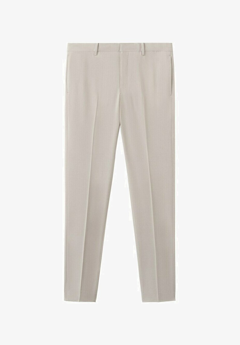 Beige slim-fit formal trousers with belt loops and front pockets, tailored creases along the legs.