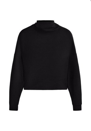 Čierny dlhý rukáv cropped sweatshirt s vysokým golierom a rebrovanými manžetami, vystavený na bielom pozadí.