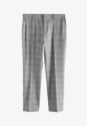 Grijze geruite broek met een ontspannen pasvorm, voorzien van zijzakken, riemlussen en een subtiele textuur. Rectangulaire vorm, rechte pijpen.