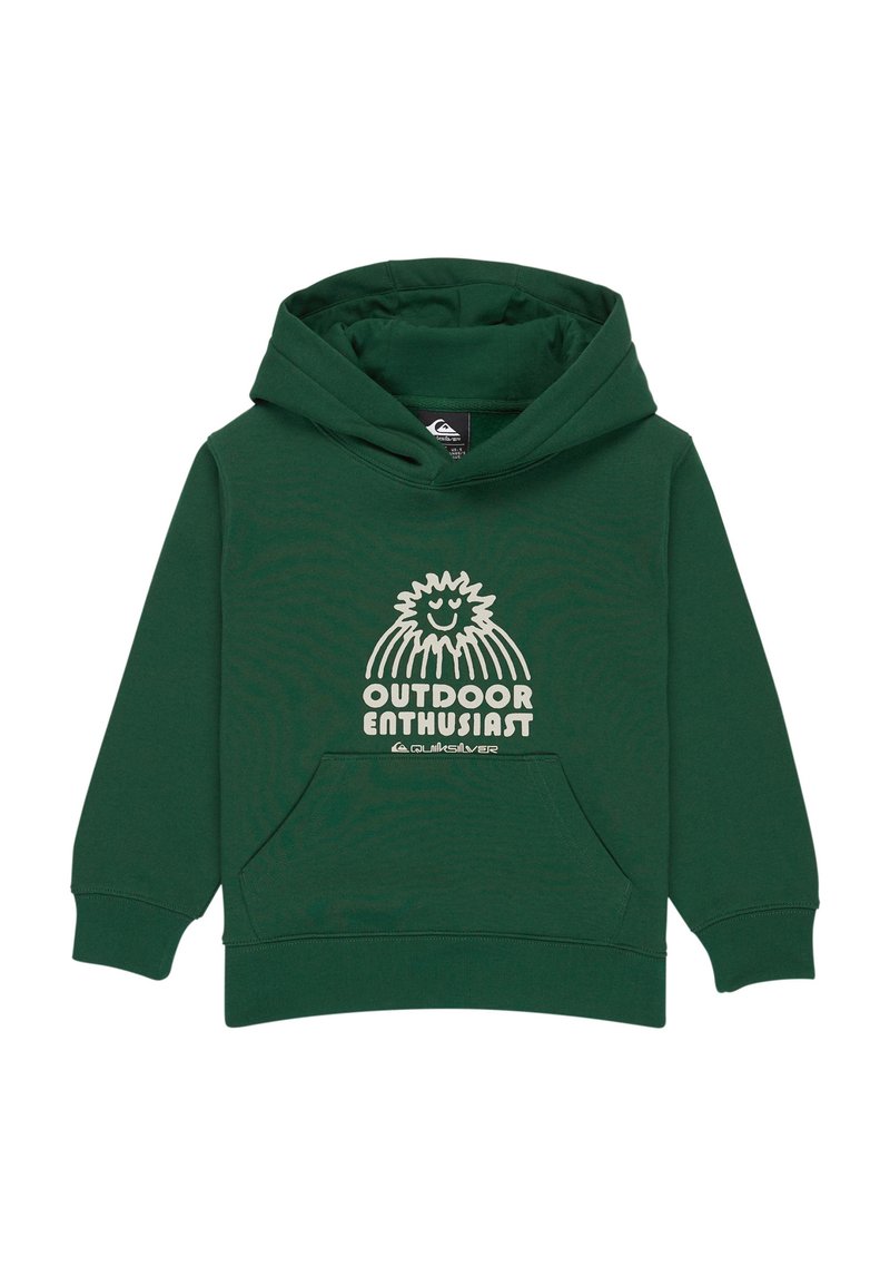 Sweatshirt com capuz de cor verde escuro, com bolso frontal, apresentando um gráfico de um sol sorridente e texto "Entusiasta do Exterior" em cor bege.