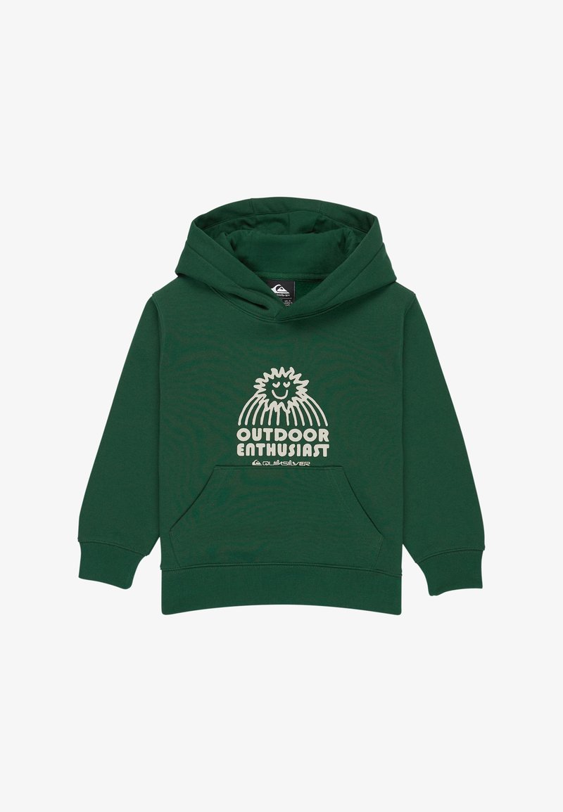 Sweatshirt com capuz de cor verde escuro, com bolso frontal, apresentando um gráfico de um sol sorridente e texto "Entusiasta do Exterior" em cor bege.