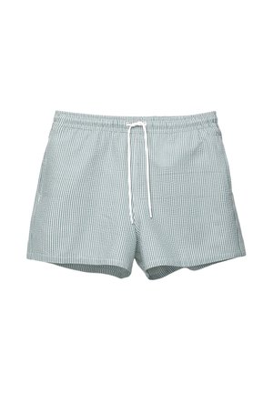 Gestreifte Badehose in Grün und Weiß mit elastischem Bund und Kordelzug. Sie zeichnet sich durch einen klassischen Schnitt und eine glatte Stofftextur aus.