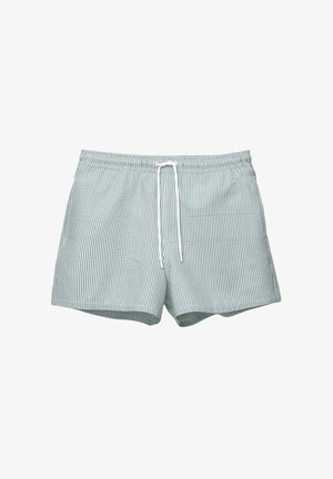 Gestreepte zwembroek in groen en wit met een elastische tailleband en trekkoord. Heeft een klassieke snit en een soepele stofstructuur.