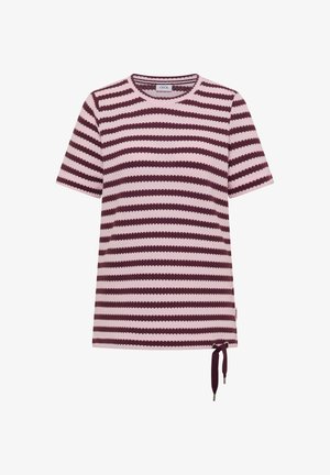 Top en tricot à manches courtes avec des rayures horizontales roses et rouge foncé, et un détail à cordon de serrage sur l'ourlet du côté droit.