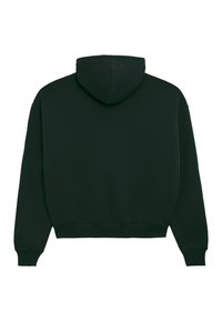 Felpa verde scuro con tasca a marsupio, polsini e orlo a coste, e un tessuto morbido e testurizzato. Presenta una silhouette rilassata e un cappuccio profondo.
