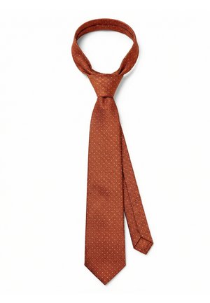 Ruostevärinen solmio, jossa on hienovarainen vinoraitakuvio ja pieniä valkoisia täppäkoristeita, solmittu klassiseen solmuun valkoisella taustalla.