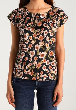 Floral blouse with short sleeves, black background, and printed flowers in shades of orange and white. Soft fabric with a loose fit.