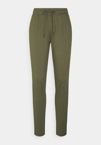 Joggingbroek in olijfgroen gemaakt van zachte stof, met een taillekoord, zijplooien en taps toelopende pijpen. Geen zichtbare zakken.