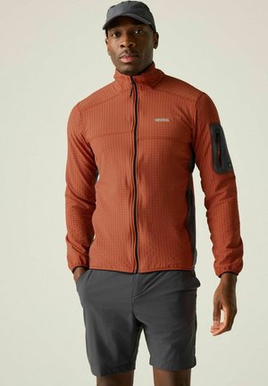 Mann trägt rostfarbenen Reißverschlussjacke mit schwarzer Taschenapplikation am Ärmel, dunkelgraue Shorts und schwarze Kappe und steht vor einfarbigem Hintergrund.