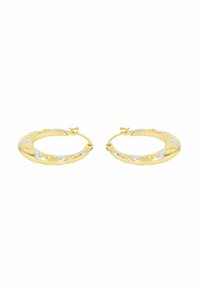 Pendientes aros de oro y plata con un diseño retorcido, que cuentan con un acabado brillante y cierres seguros, con un diámetro aproximado de 3 cm.