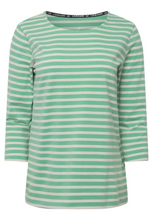 Grün-weißer gestreifter Langarmshirt mit einem Rundhalsausschnitt und weichem Baumwollstoff. Mit einem schwarzen, mit einem Logo versehenen Kragen.