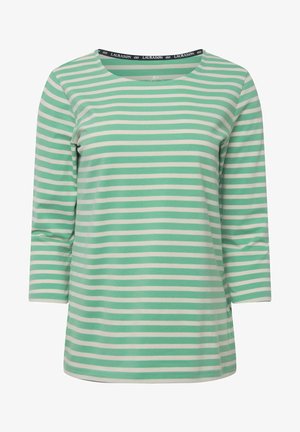 Grün-weißer gestreifter Langarmshirt mit einem Rundhalsausschnitt und weichem Baumwollstoff. Mit einem schwarzen, mit einem Logo versehenen Kragen.