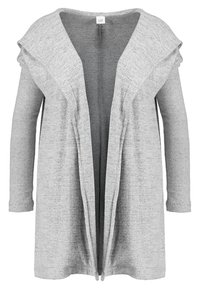 Grå långärmad cardigan med öppen front och draperad krage. Mjuk stickad struktur med subtila nyansvariationer.