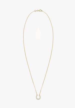 Collier en or avec une chaîne fine et un pendentif en forme de fer à cheval orné de petites pierres claires. Texture lisse, design délicat, fermoir réglable.