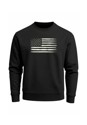 Black sweatshirt featuring a distressed American flag design in white, with a classic crew neck and ribbed cuffs and hem.