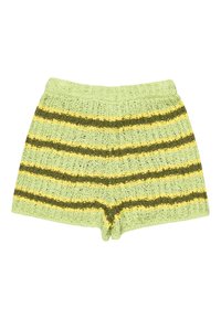 Stickade shorts i ljusgrön med mörkgröna och gula horisontella ränder. Elastisk midja, mjuk textur och avslappnad passform.