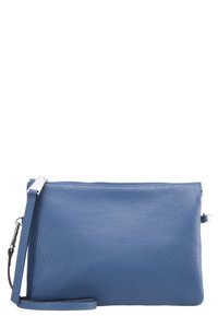 Modrá kožená psaníčko s texturovaným povrchem, se zipovým uzávěrem a odnímatelným popruhem. Obsahuje stříbrné kovové prvky na okrajích.