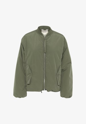 Oliven grøn bomberjakke med lynlås, ribbet krave og to sidelommer. Lavet af glat, polstret materiale; afslappet pasform.
