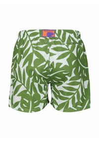 Costumi da bagno verdi con motivi a foglia bianchi, vita regolabile, tasca posteriore e etichetta del marchio Gallo in viola sul retro.