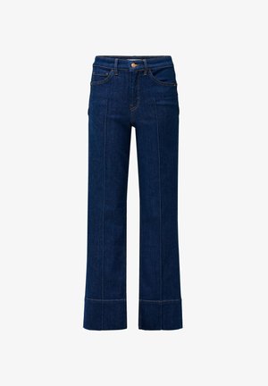 Temno modri jeans z ravnimi hlačnicami, sprednjimi žepi, zapiranjem na gumb in šivi po sredini vsake hlačnice.