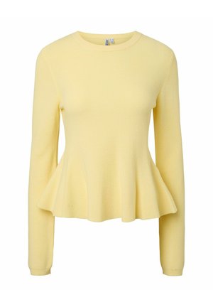 Yellow ribbed knit sweater with long sleeves and a flared peplum hem, featuring a round neckline.