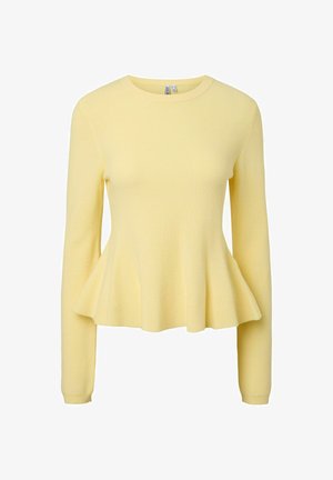 Yellow ribbed knit sweater with long sleeves and a flared peplum hem, featuring a round neckline.