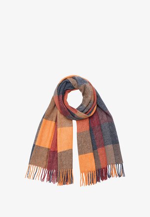 Woven scarf featuring a plaid pattern in orange, red, grey, and navy, with frayed edges for added texture. Soft, lightweight material.