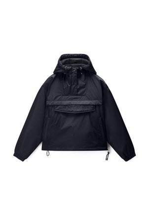 Schwarze Kapuzenanorakjacke mit Frontreißverschluss, großer Klapptasche, elastischen Bündchen und Kordelzügen am Saum und an der Kapuze.