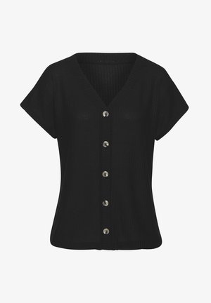 Schwarzes Strickoberteil mit V-Ausschnitt, kurzen Ärmeln und sechs metallischen Knöpfen auf der Vorderseite. Verfügt über ein strukturiertes Muster über die gesamte Oberfläche.