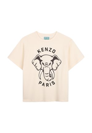 T-shirt beige à manches courtes avec un graphisme noir de tête d'éléphant et le texte "KENZO PARIS" au-dessus et en dessous du graphisme.